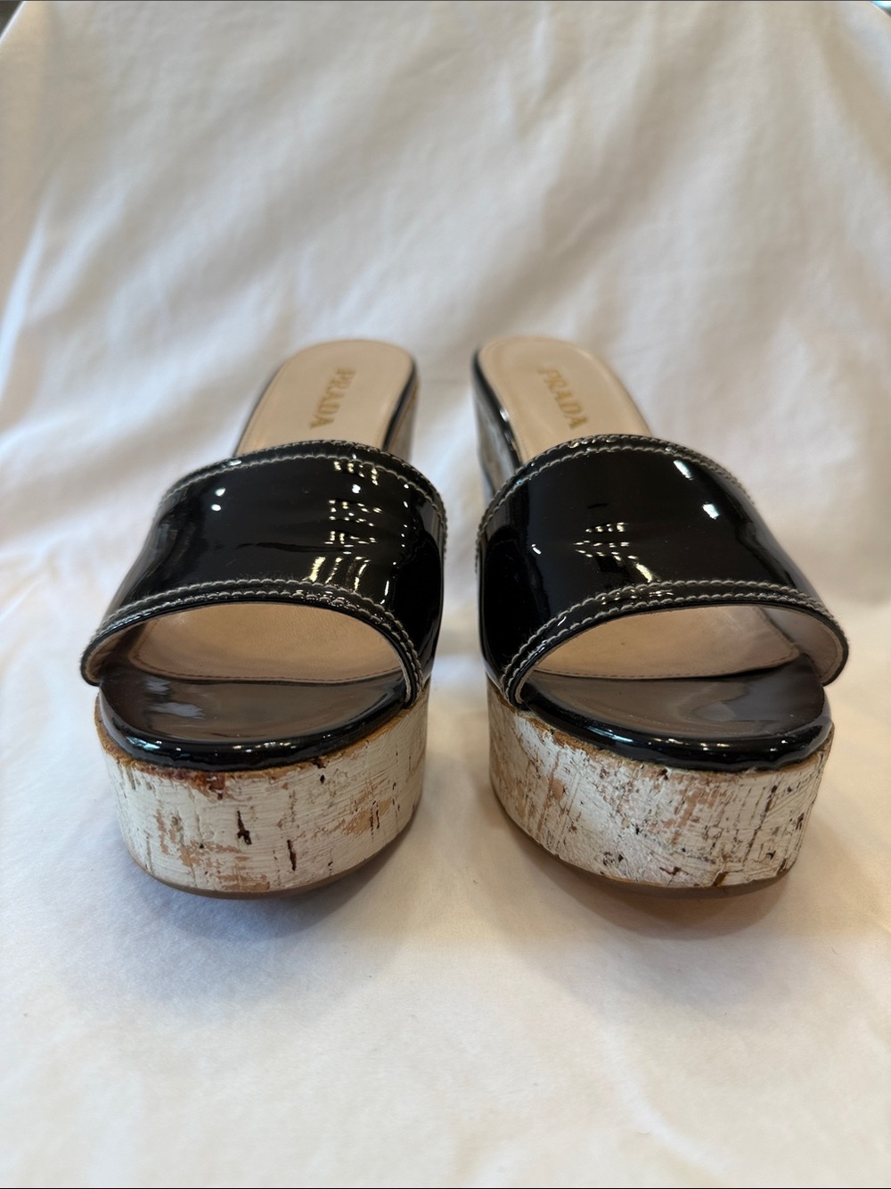 Prada Black Patent Leather Cork Platform Slide Heels - Picture 3 of 10